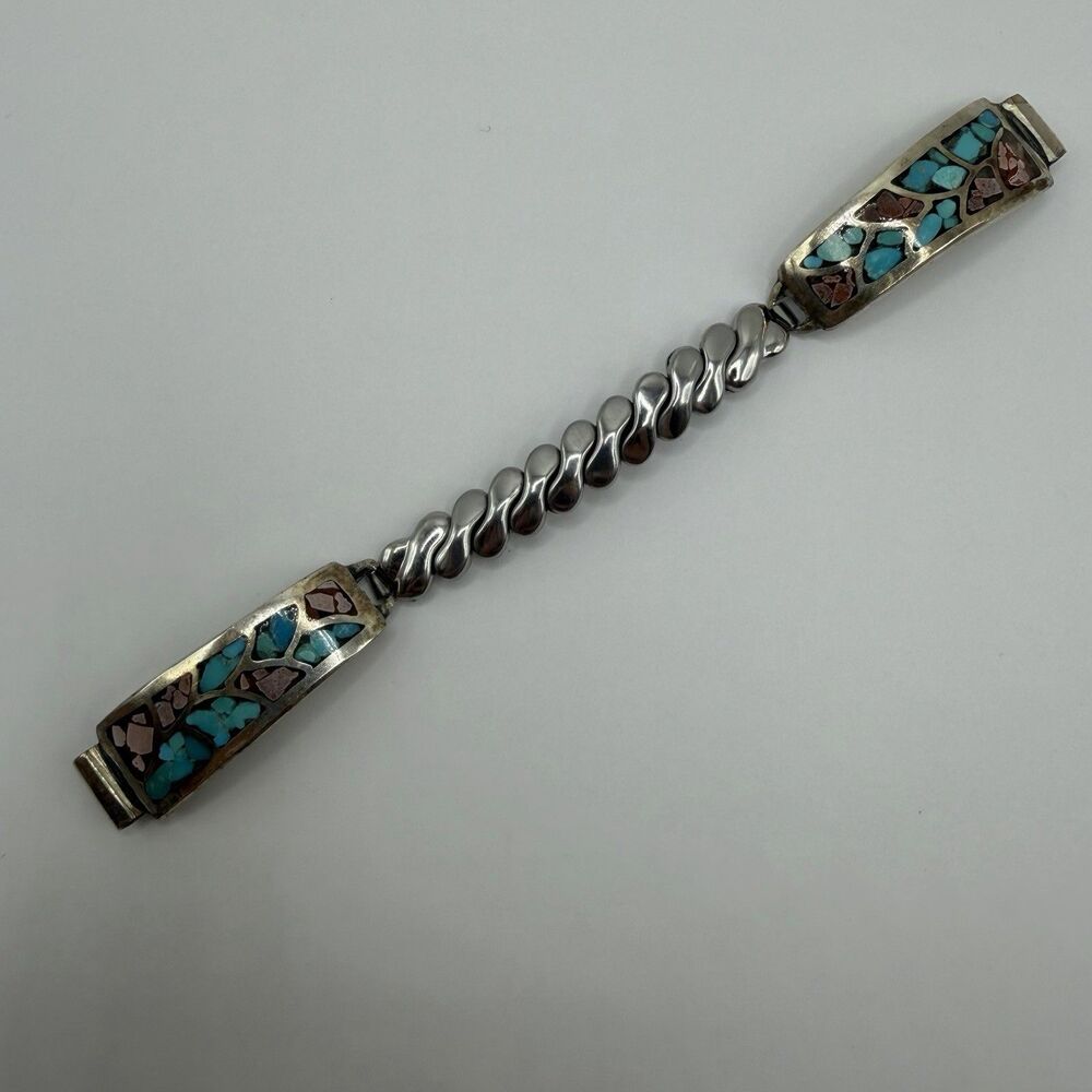 Vintage Sterling Silver Turquoise Coral Inlay Stretch Watch Band Mark VII